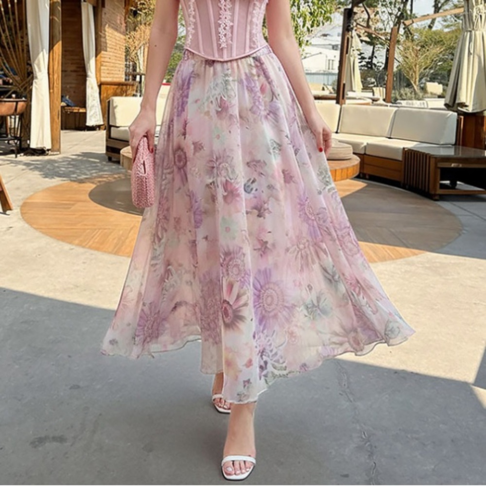 Chicwish Sunflower Blossom Watercolor Chiffon Maxi Skirt - Pink M